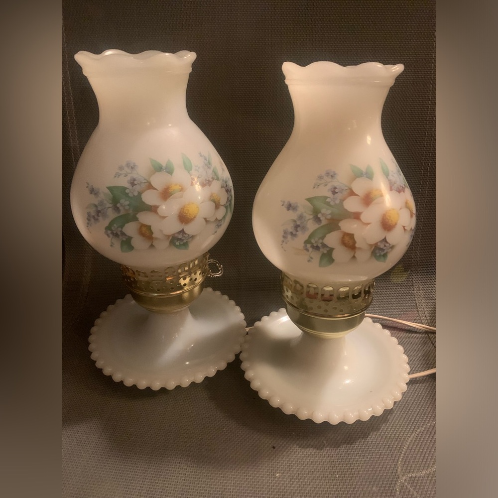 Pair Vintage Antique Fenton Milk Glass White Daisy Hurricane Lanterns